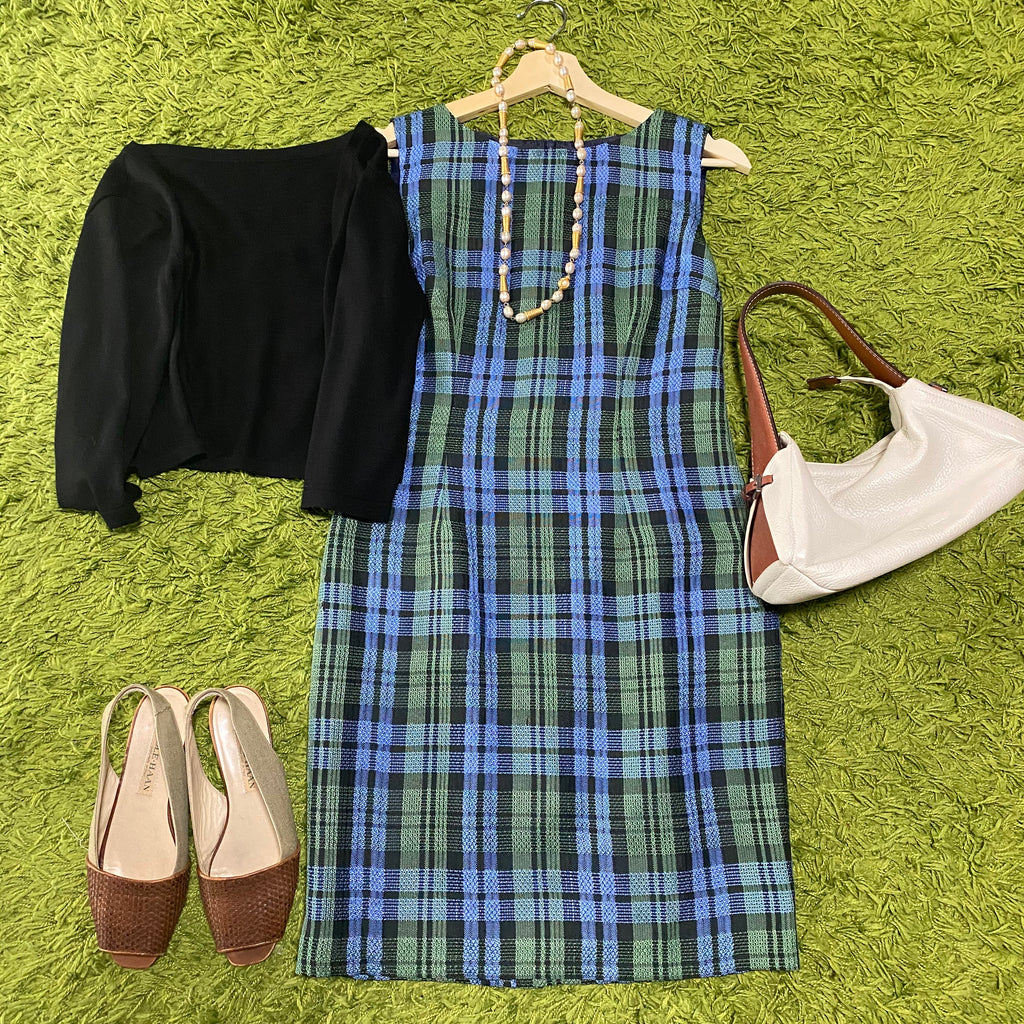 モスグリーンと水色のシンプルチェックワンピース　Simple Check Dress